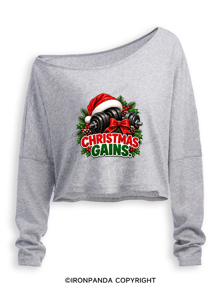 CHRISTMAS GAINS MERRY LIFTMAS Off Shoulder Long Sleeve Crop Top