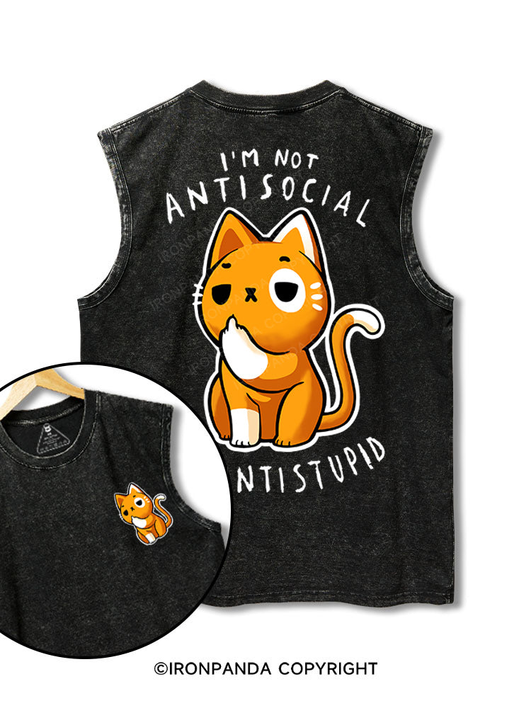 Antisocial cute Cat printed Washed Gym tank