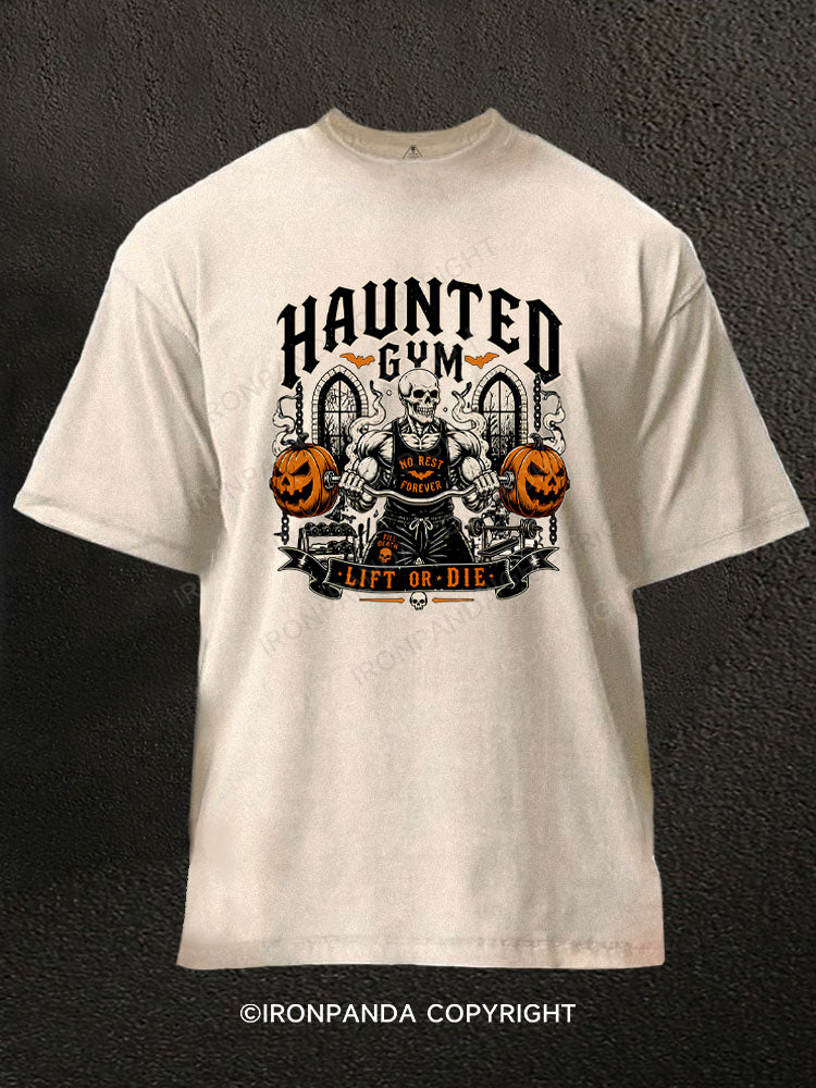 Haunted Gym Halloween Workout Skeleton Pumpkins Washed Gym Shirt