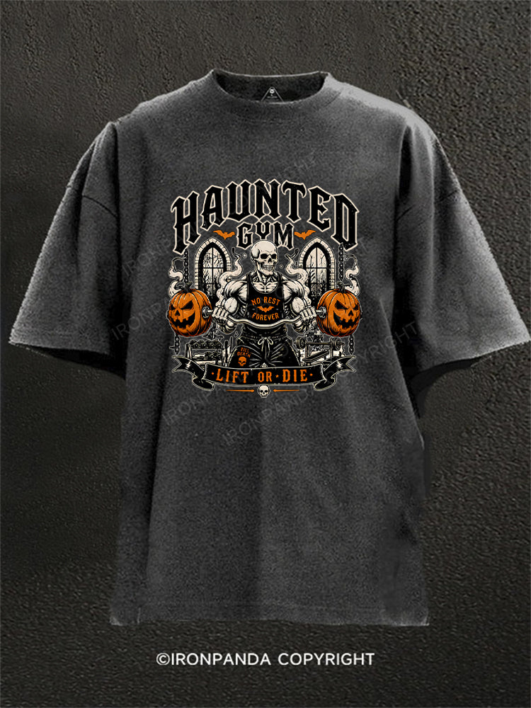 Haunted Gym Halloween Workout Skeleton Pumpkins Washed Gym Shirt