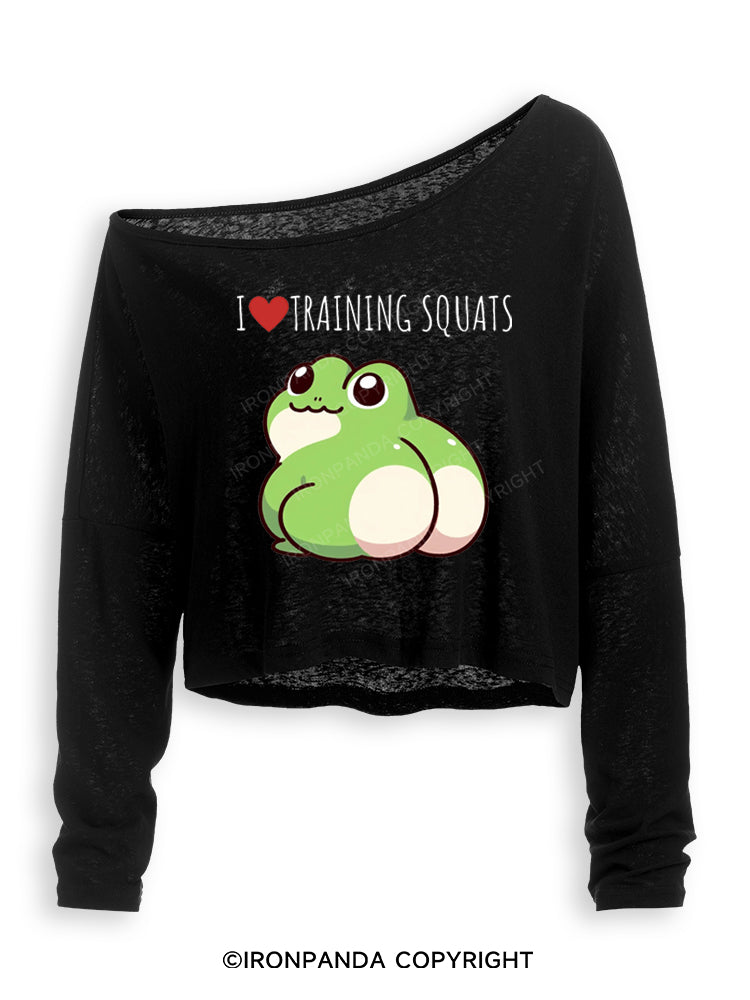 I ❤ TRAINING SQUATS FROG Off Shoulder Long Sleeve Crop Top