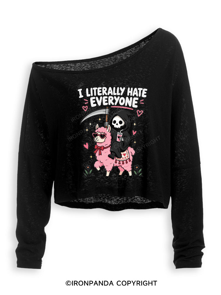 I LITERALLY HATE EVERYONE Grim Reaper Llama Halloween Off Shoulder Long Sleeve Crop Top