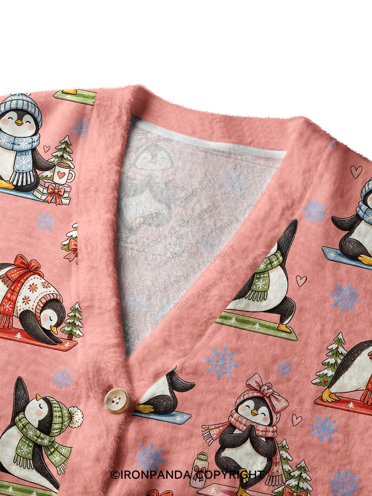 Christmas Yoga Penguin Ugly Cardigan Sweater