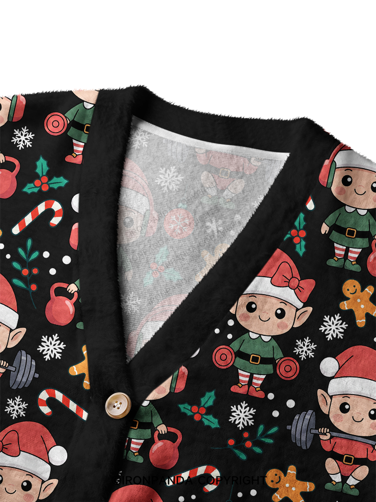 Funny Holiday Gym Christmas Elves Crop Ugly Cardigan Sweater