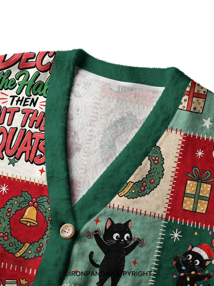 CAT CHRISTMAS WORKOUT PATCHWORK Ugly Cardigan Sweater