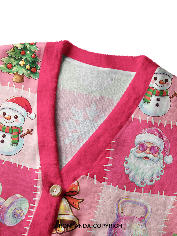 CHRISTMAS GYM PATCHWORK SEAMLESS PATTERN Crop Ugly Cardigan Sweater