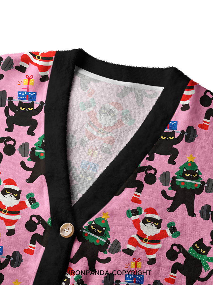 WEIGHTLIFTING BLACK CAT CHRISTMAS WORKOUT Ugly Cardigan Sweater