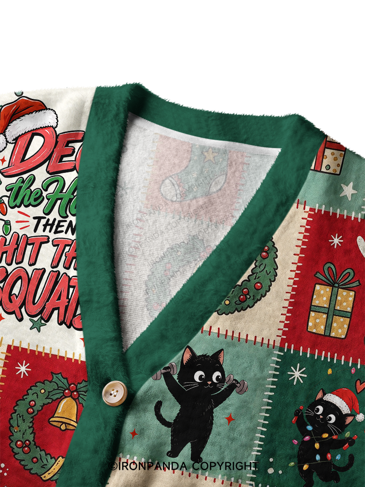 CAT CHRISTMAS WORKOUT PATCHWORK Crop Ugly Cardigan Sweater