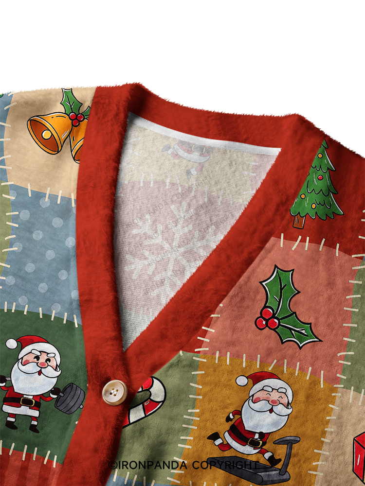 FITNESS SANTA PATCHWORK CHRISTMAS PATTERN Crop Ugly Cardigan Sweater