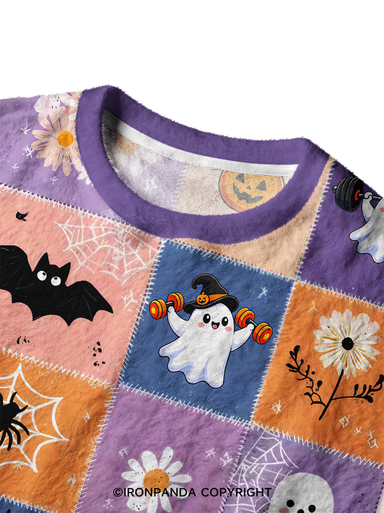 GHOST PATCHWORK HALLOWEEN PARTY Ugly Fuzzy Fleece Sweater