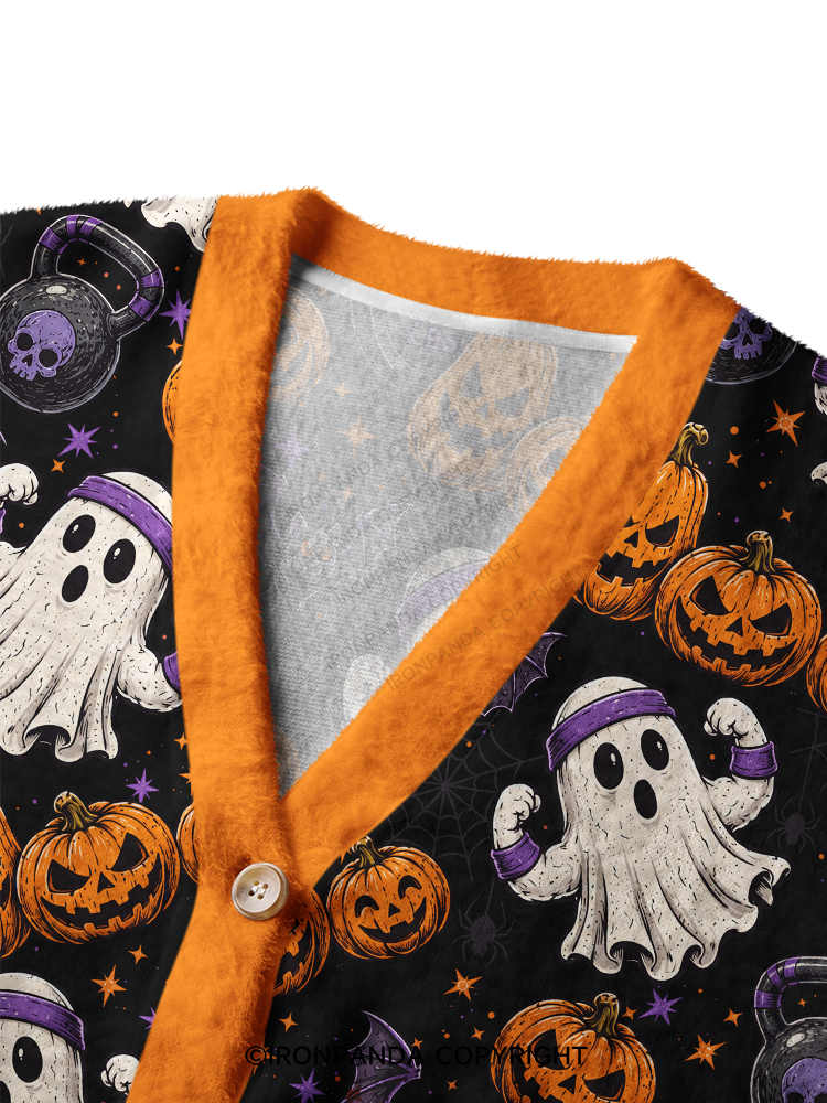 Spooky Fitness Kettlebell Pumpkin Workout Ugly Cardigan Sweater