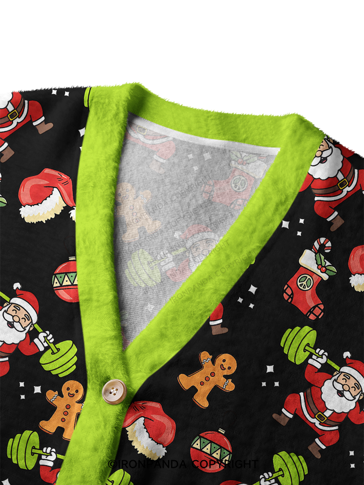 Santa Lifting Weights Skip Legs Funny Holiday Gym Crop Ugly Cardigan Sweater