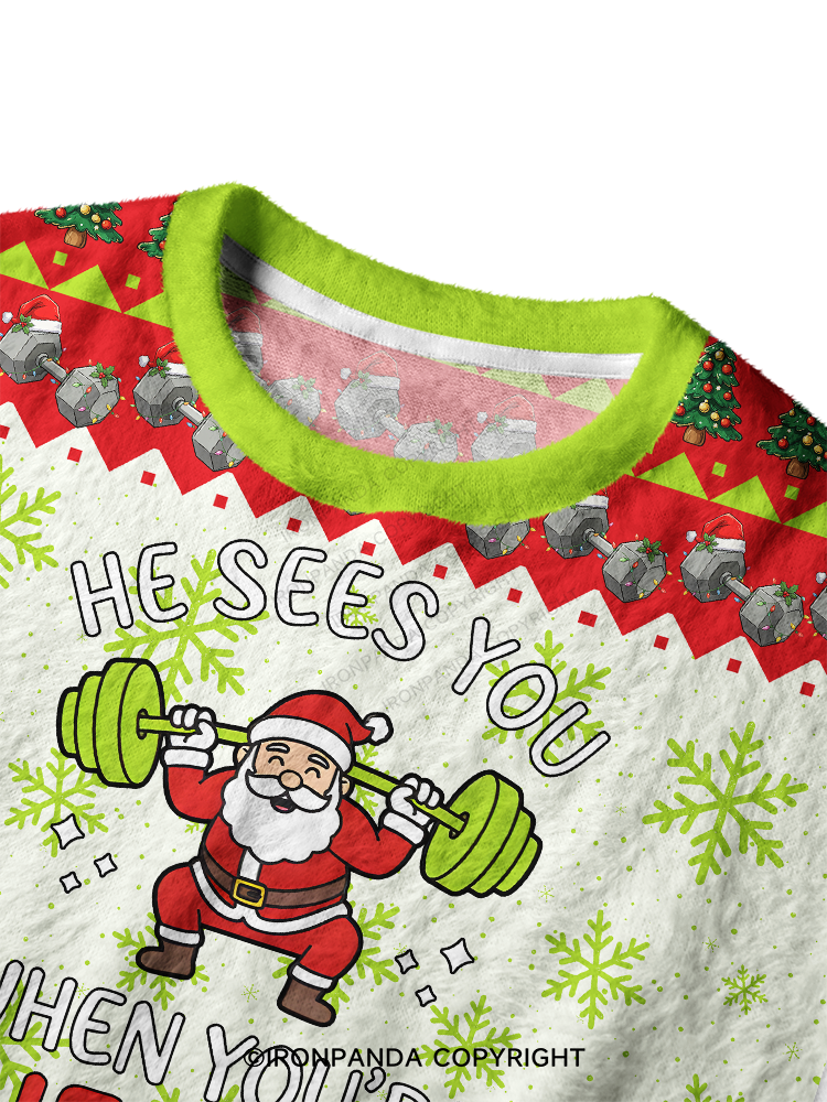 Santa Lifting Weights Skip Legs  Ugly Fuzzy Fleece Sweater
