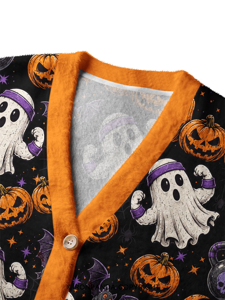 Spooky Fitness Kettlebell Pumpkin Workout Crop Ugly Cardigan Sweater