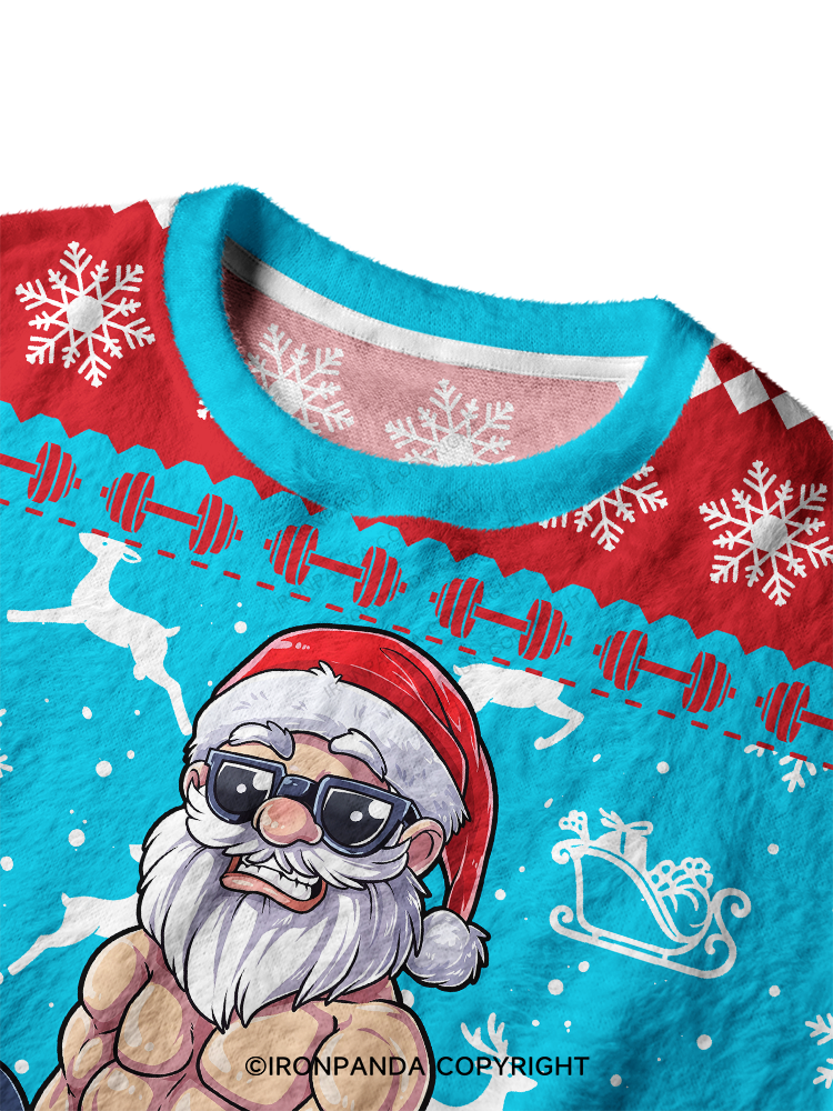 Santa Weightlifting Christmas Ugly Fuzzy Fleece Sweater