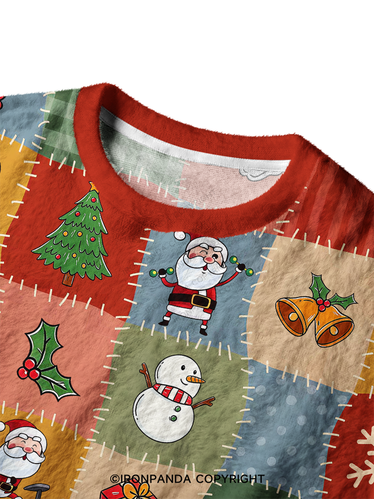 FITNESS SANTA PATCHWORK CHRISTMAS Ugly Fuzzy Fleece Sweater