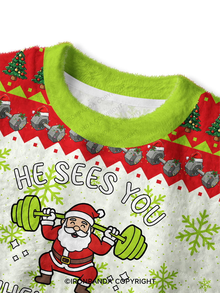 Santa Lifting Weights Skip Legs Fuzzy Fleece Crop Sweater