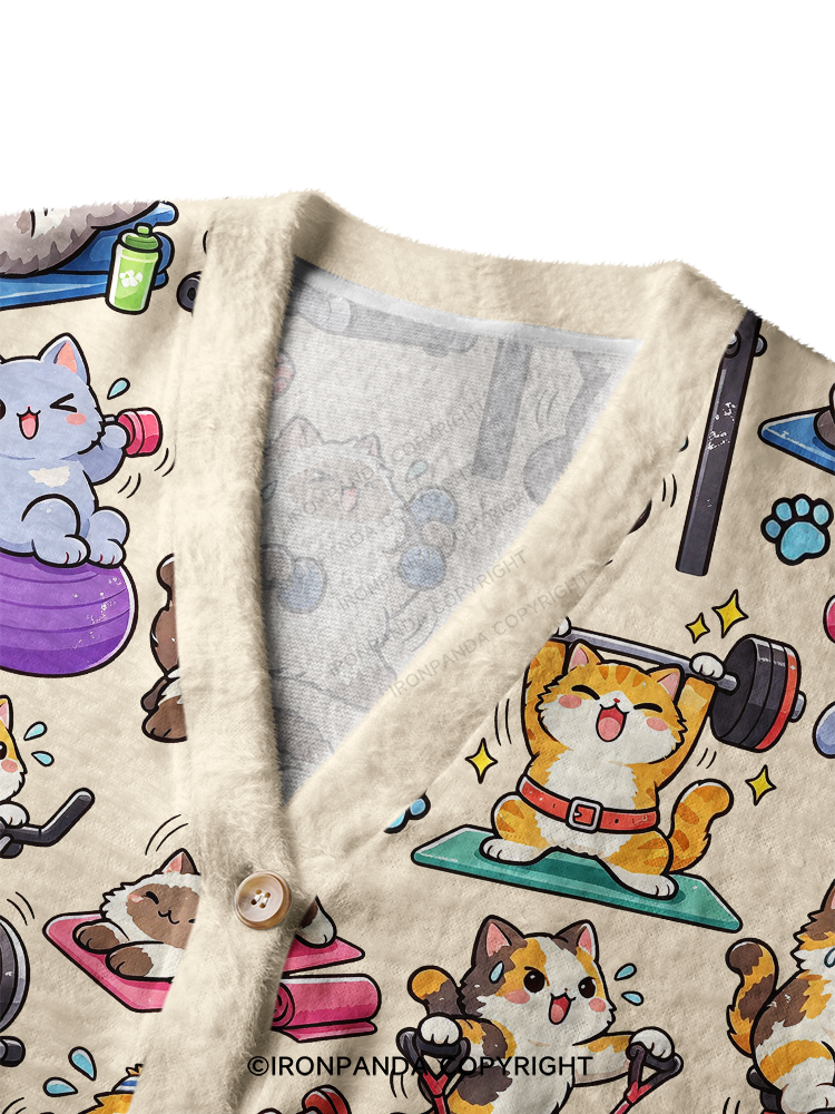 Fitness Cats Gym Crop Ugly Cardigan Sweater