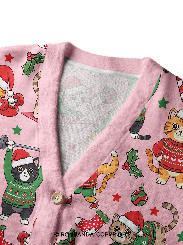 CHRISTMAS FITNESS CATS Crop Ugly Cardigan Sweater