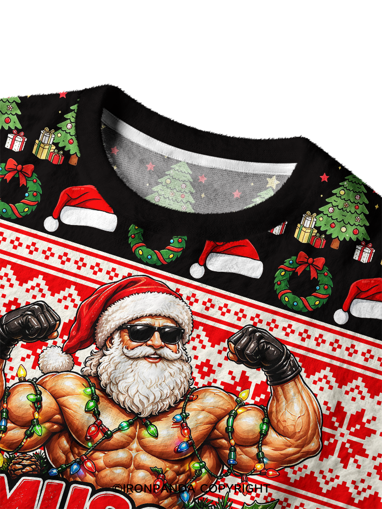 Muscle Meets Mistletoe - Funny Bodybuilder Santa Christmas Ugly Fuzzy Fleece Sweater