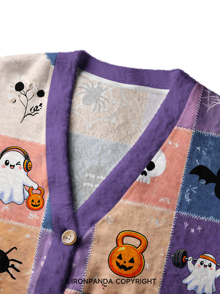 GHOST PATCHWORK HALLOWEEN PARTY Crop Ugly Cardigan Sweater