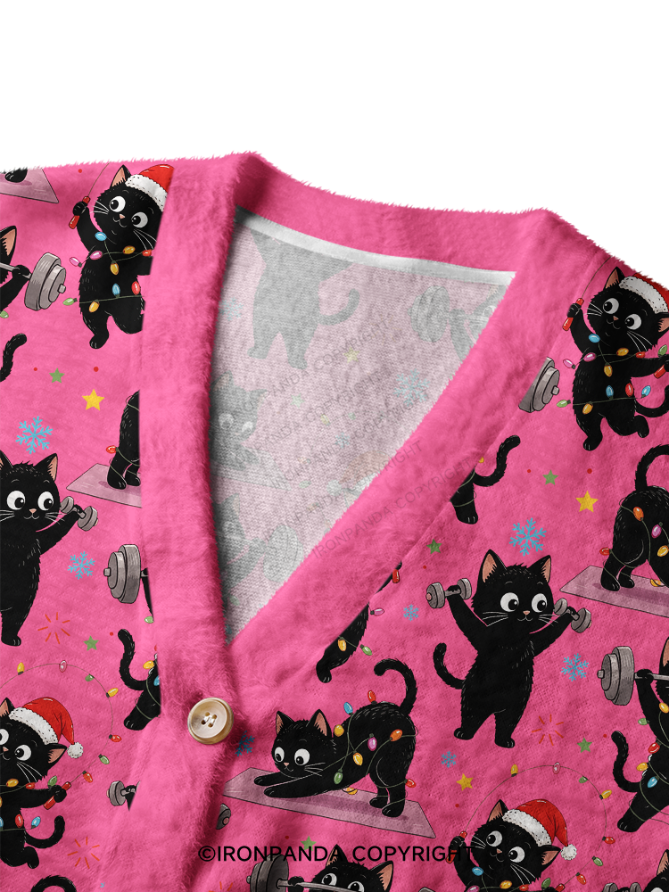 Christmas Fitness Black Cat Ugly Cardigan Sweater