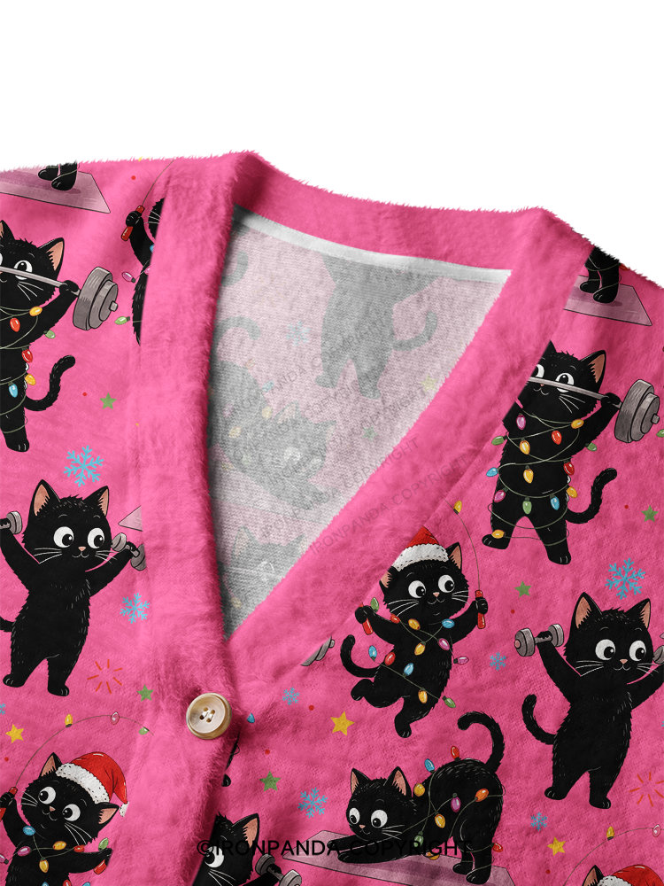 Christmas Fitness Black Cat Crop Ugly Cardigan Sweater