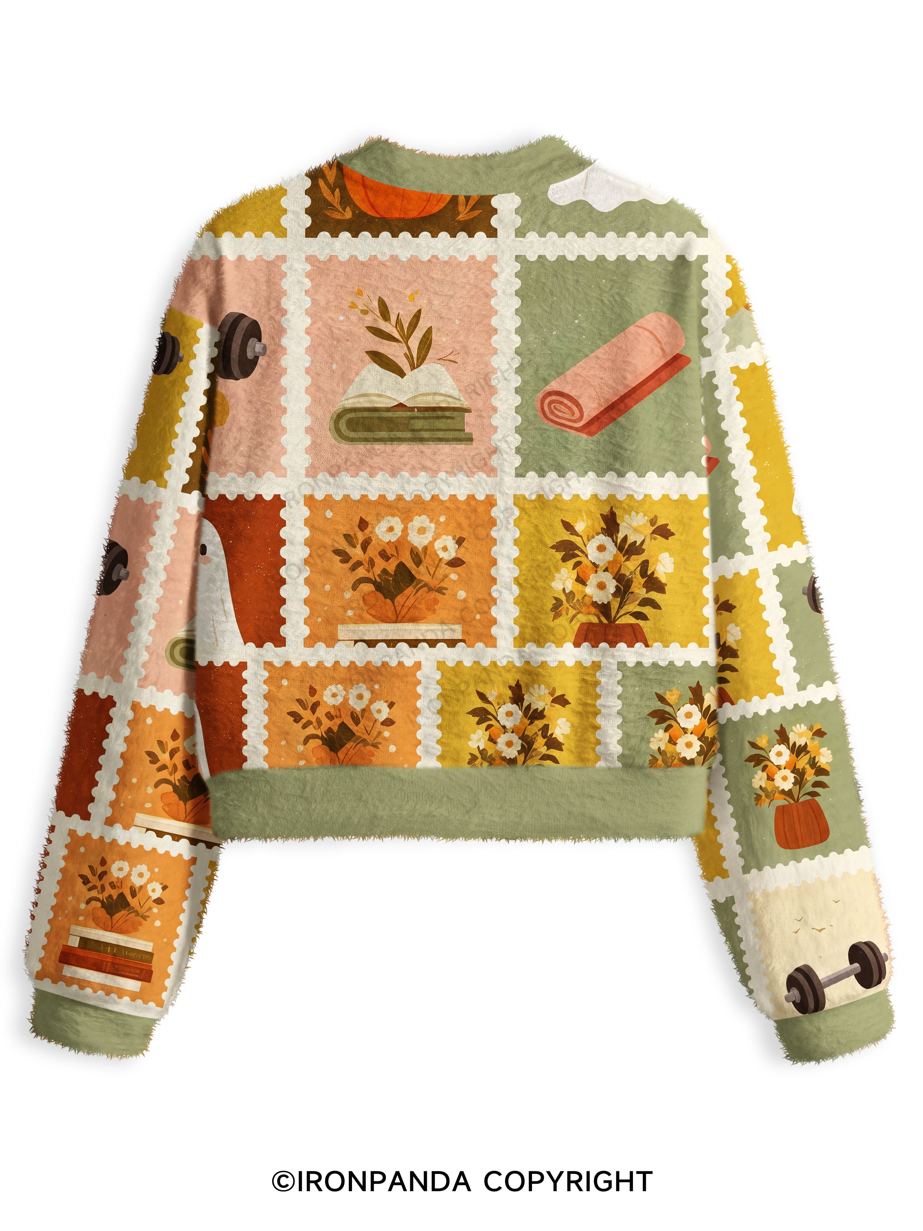 Cute Halloween Fitness Postage Grid Fuzzy Fleece Crop Sweater