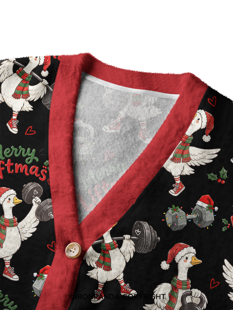 Weightlifting Christmas Goose (Merry Liftmas) Ugly Cardigan Sweater