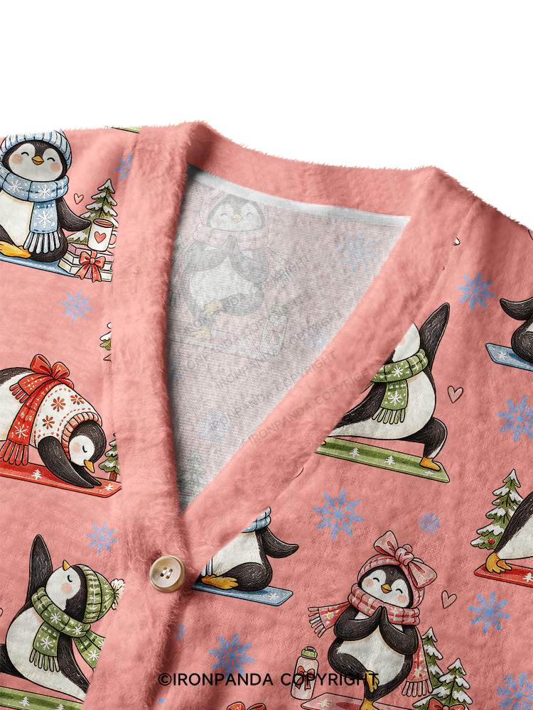 Christmas Yoga Penguin Crop Ugly Cardigan Sweater