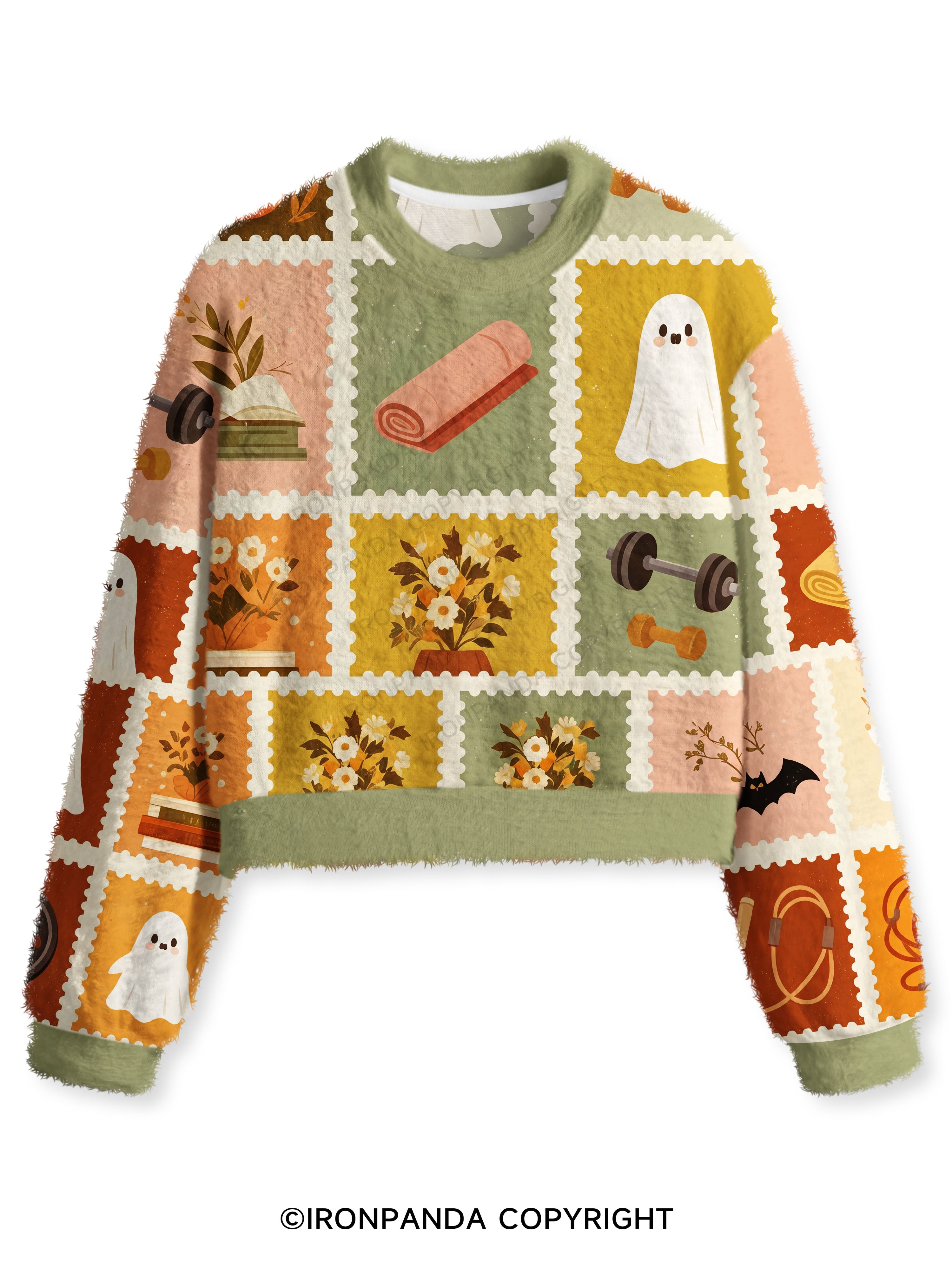 Cute Halloween Fitness Postage Grid Fuzzy Fleece Crop Sweater