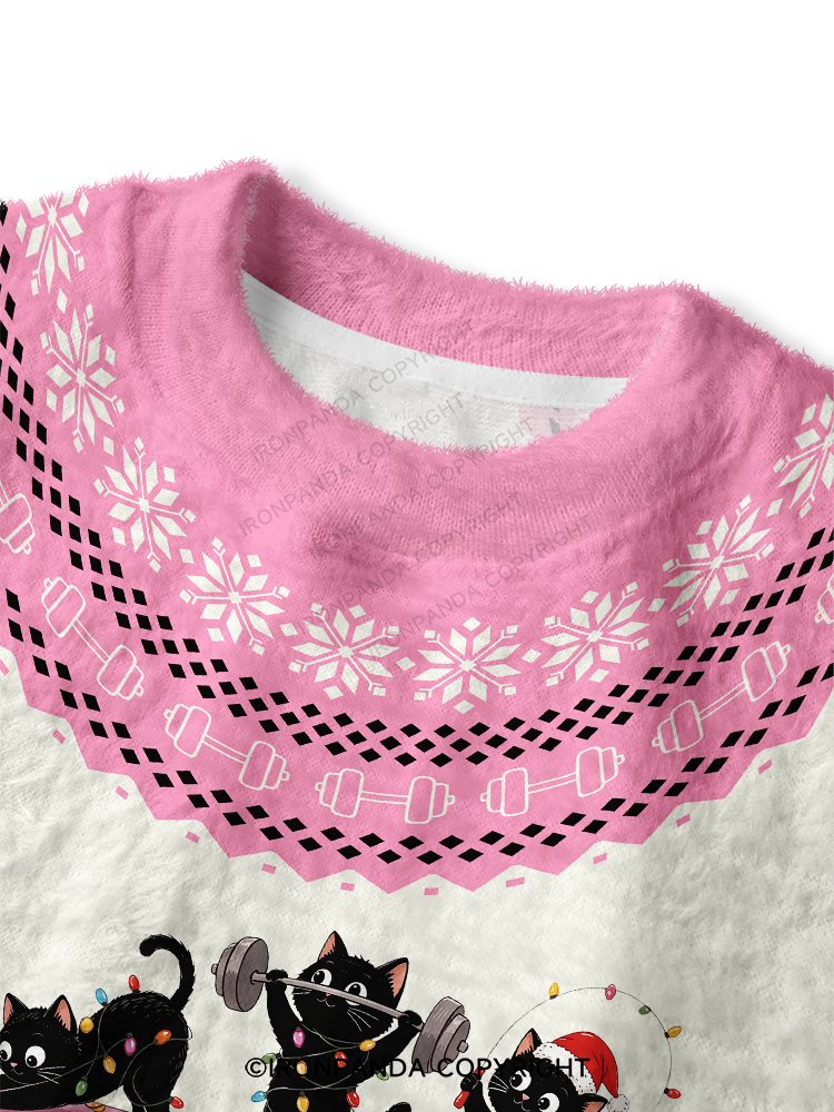 Fitness Black Cat Fuzzy Fleece Crop Sweater