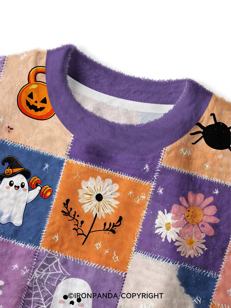 GHOST PATCHWORK HALLOWEEN PARTY Fuzzy Fleece Crop Sweater
