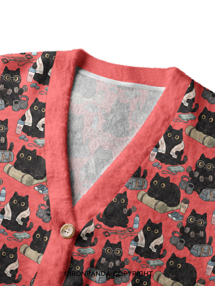 Black Cat Fitness Crop Ugly Cardigan Sweater