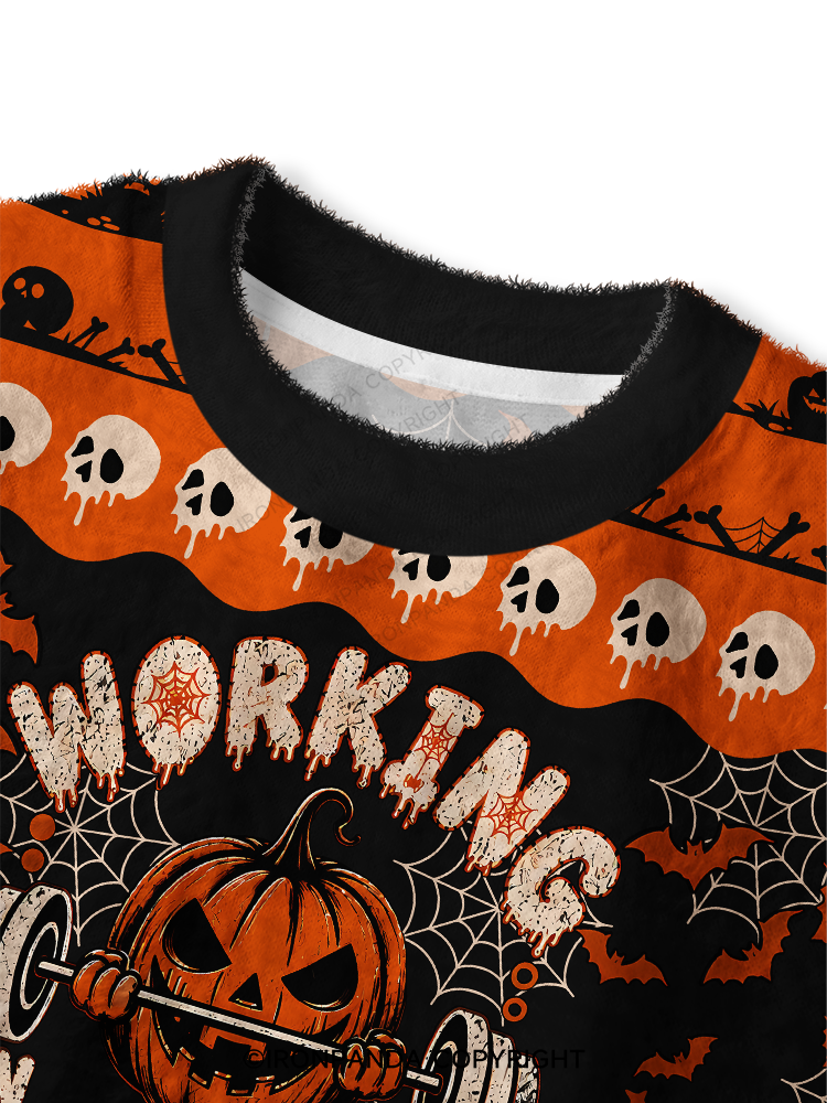 WORKING ON MY BOOTY FUNNY HALLOWEEN PUMPKIN Fuzzy Fleece Crop Sweater