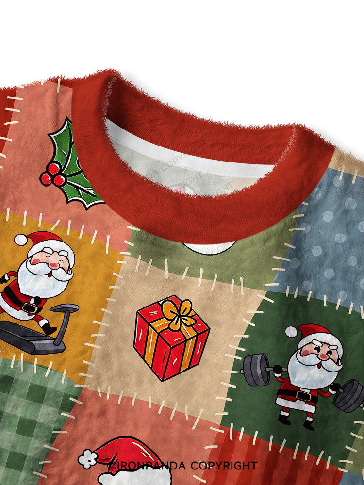 FITNESS SANTA PATCHWORK CHRISTMAS Fuzzy Fleece Crop Sweater
