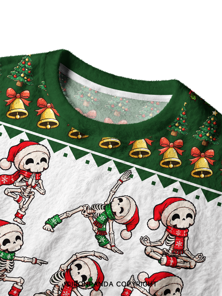 Yoga Skeleton Santa Ugly Fuzzy Fleece Sweater