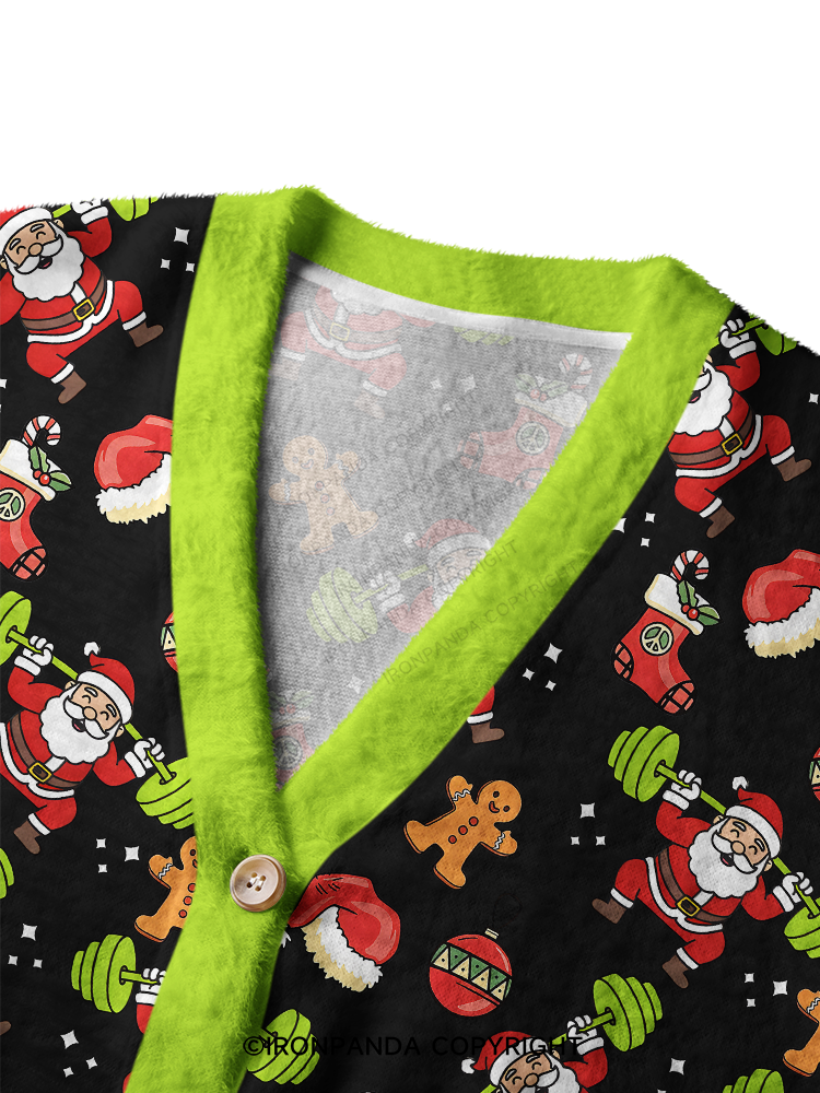 Santa Lifting Weights Skip Legs Funny Holiday Gym Ugly Cardigan Sweater
