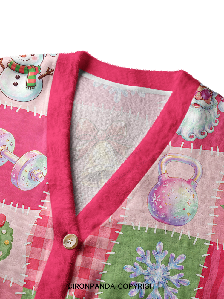 CHRISTMAS GYM PATCHWORK SEAMLESS PATTERN Ugly Cardigan Sweater