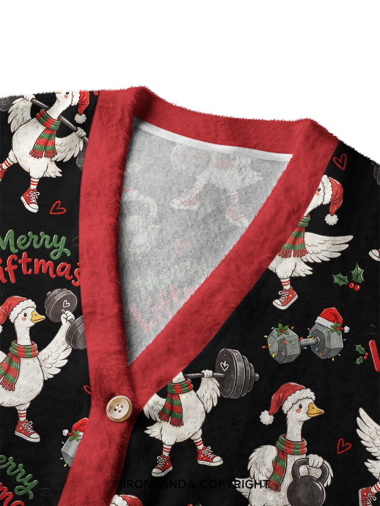Weightlifting Christmas Goose (Merry Liftmas) Crop Ugly Cardigan Sweater