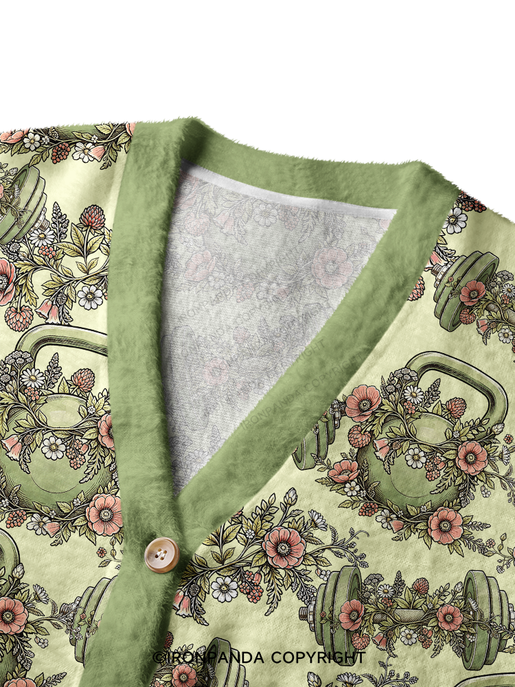 Fitness Floral Dumbbell Ugly Cardigan Sweater