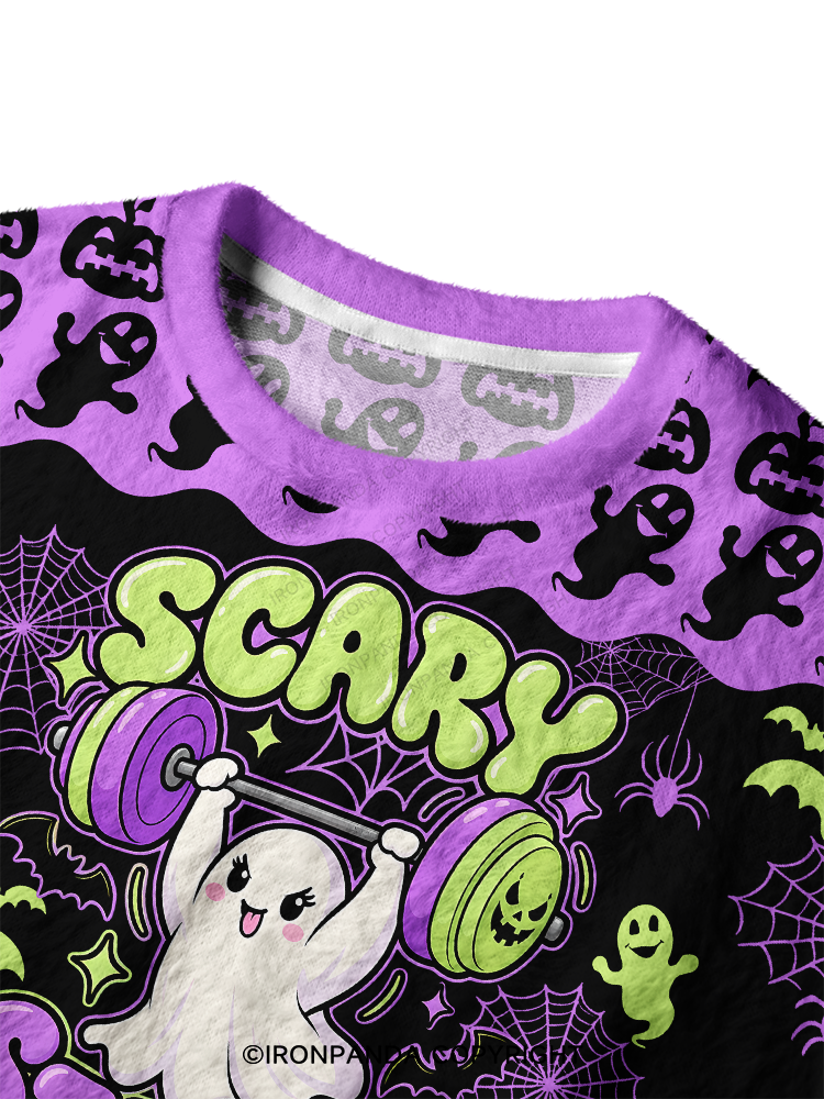 SCARY STRONG HALLOWEEN GHOST Ugly Fuzzy Fleece Sweater