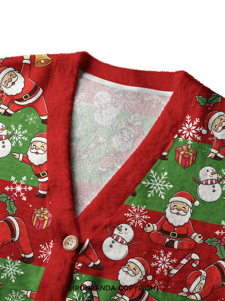 Santa Claus Yoga Poses Christmas Crop Ugly Cardigan Sweater