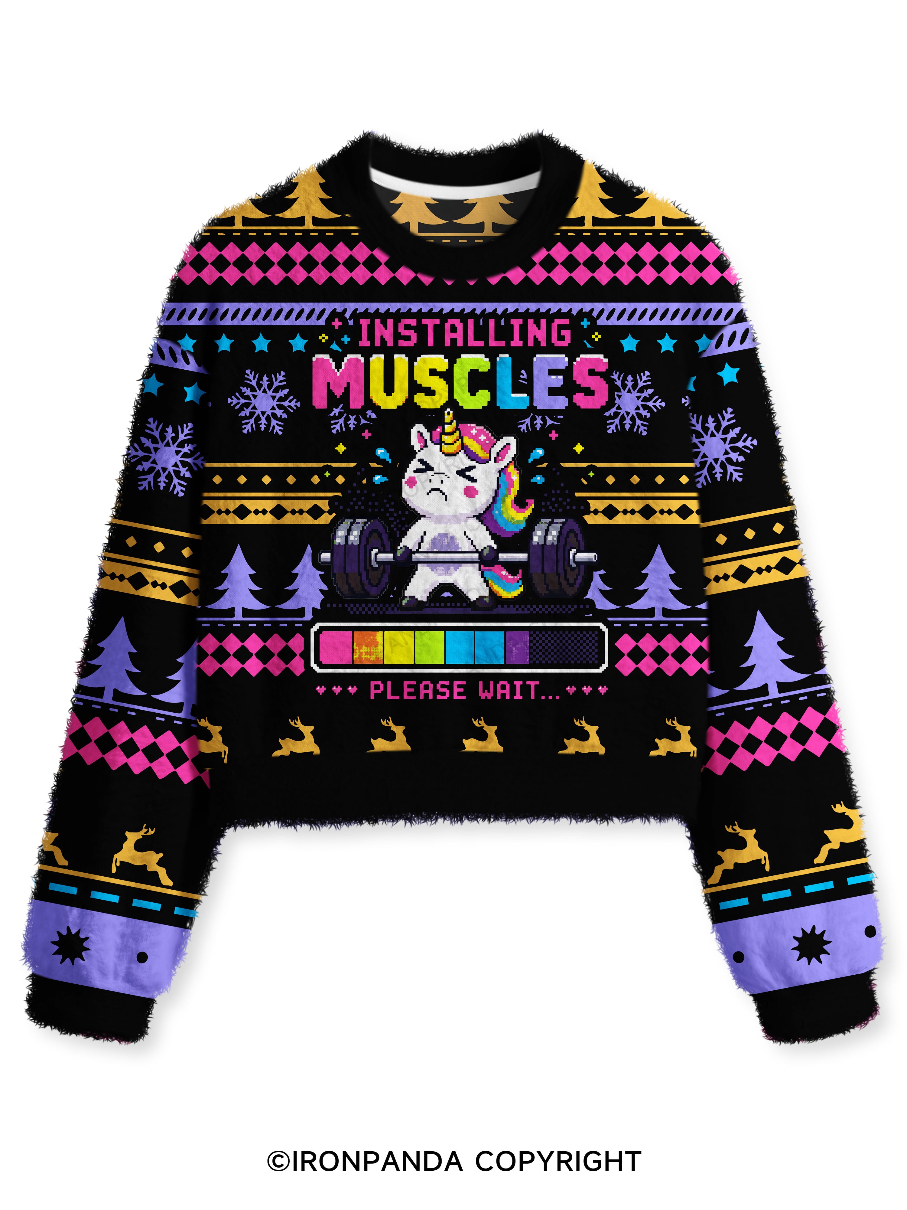 INSTALLING MUSCLES PLEASE WAIT MUSCLE UNICORN Fuzzy Fleece Crop Sweater