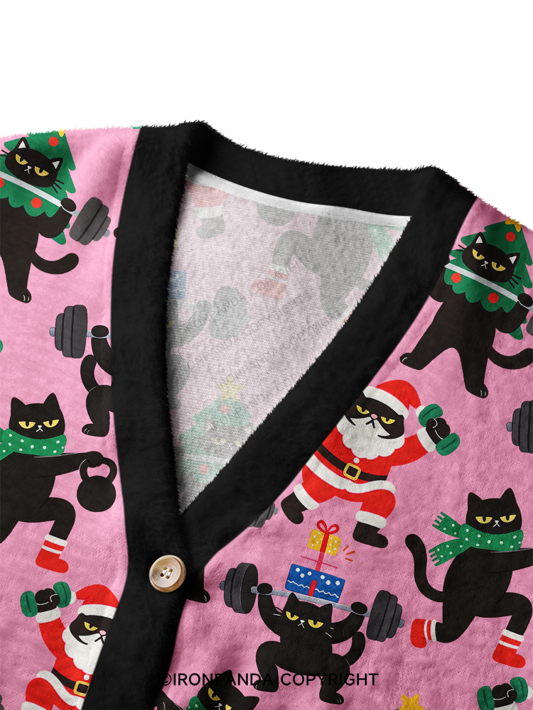WEIGHTLIFTING BLACK CAT CHRISTMAS WORKOUT Crop Ugly Cardigan Sweater