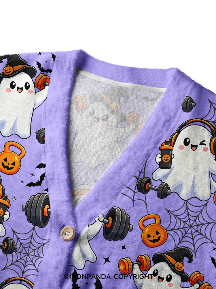 GHOST GYM OF PUMPKINS AND BARBELLS Crop Ugly Cardigan Sweater