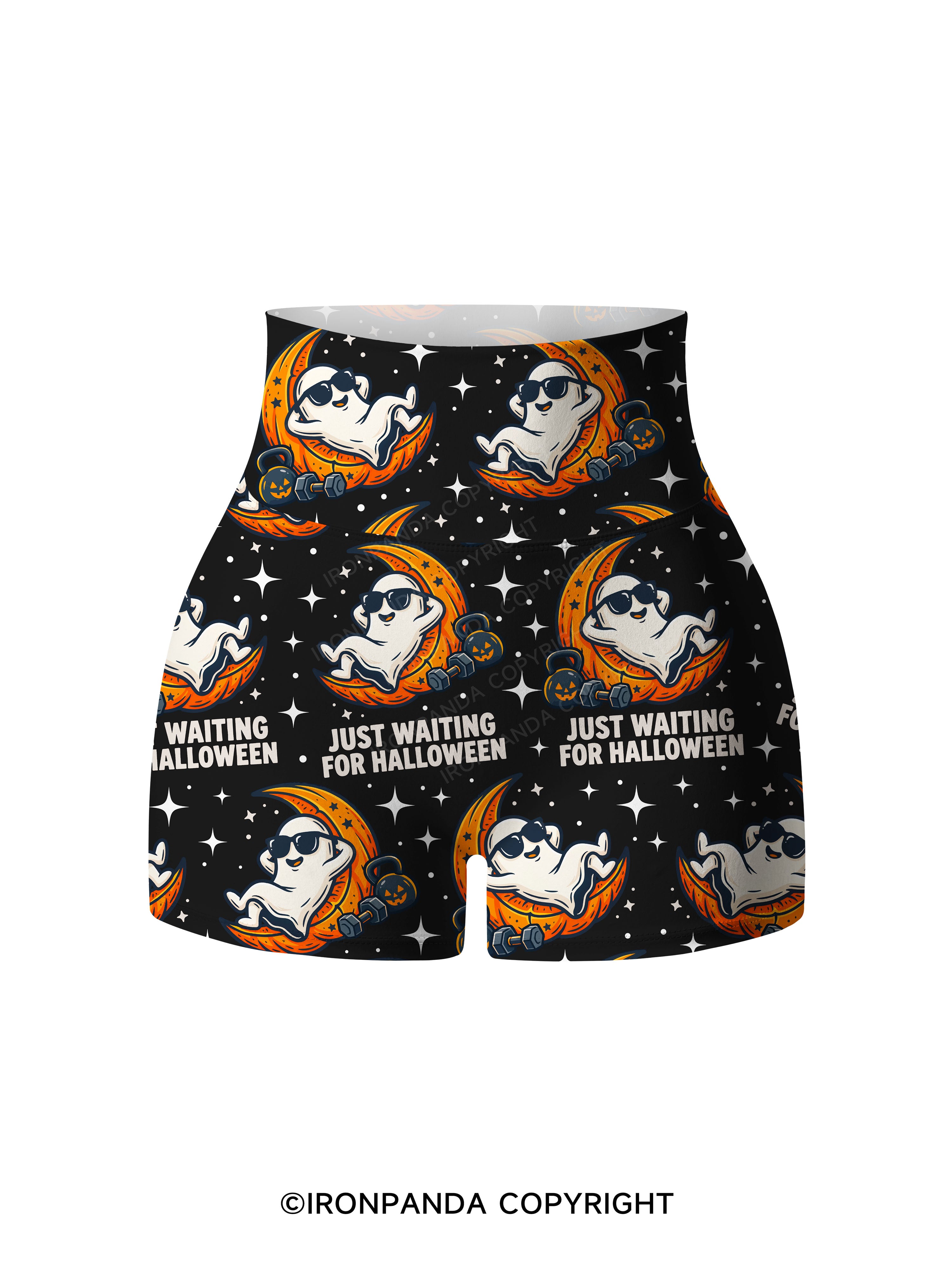 JUST WAITING FOR HALLOWEEN GYM GHOST Print Printed Yoga Shorts