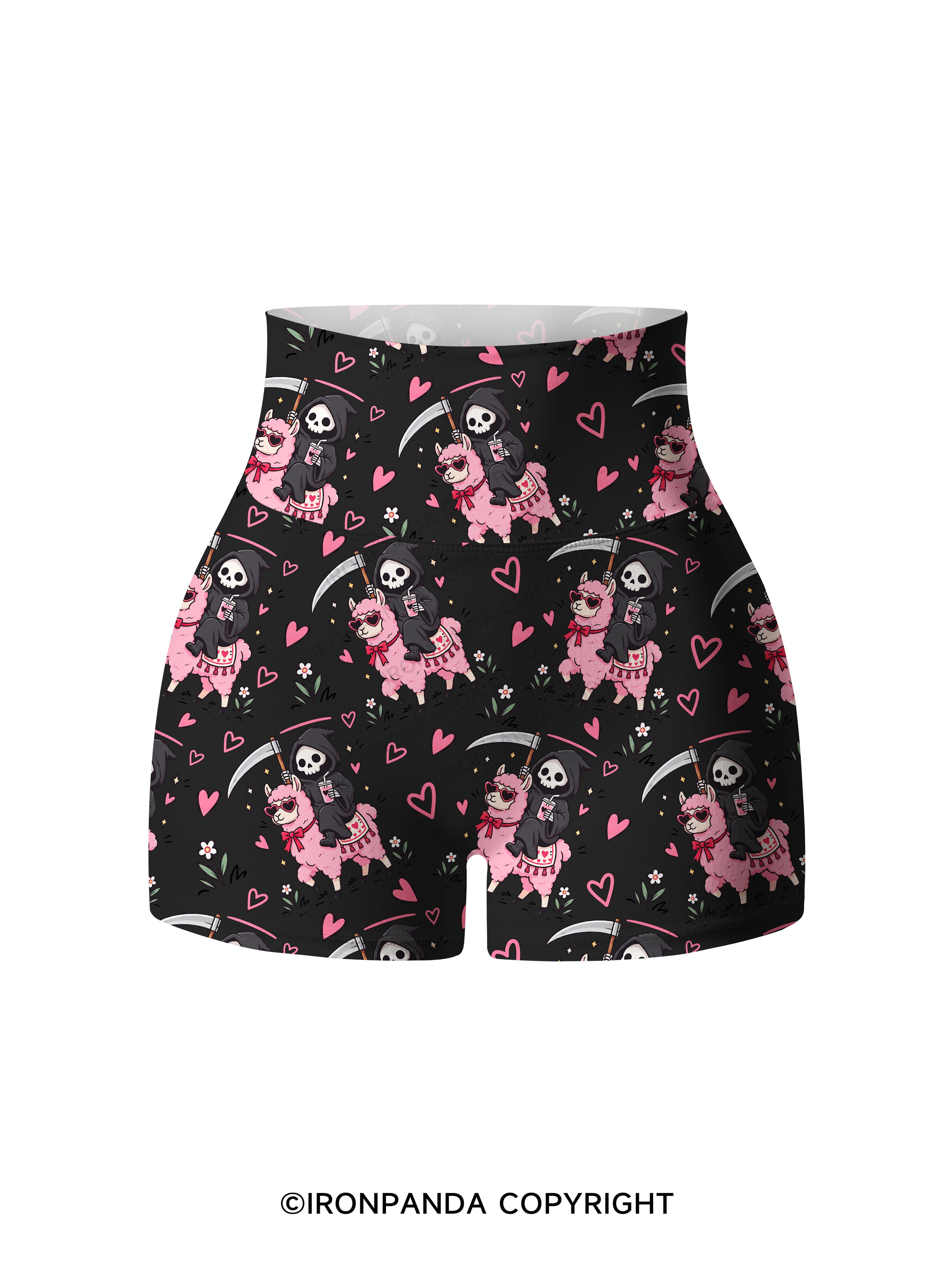 I LITERALLY HATE EVERYONE Grim Reaper Llama Halloween Printed Yoga Shorts