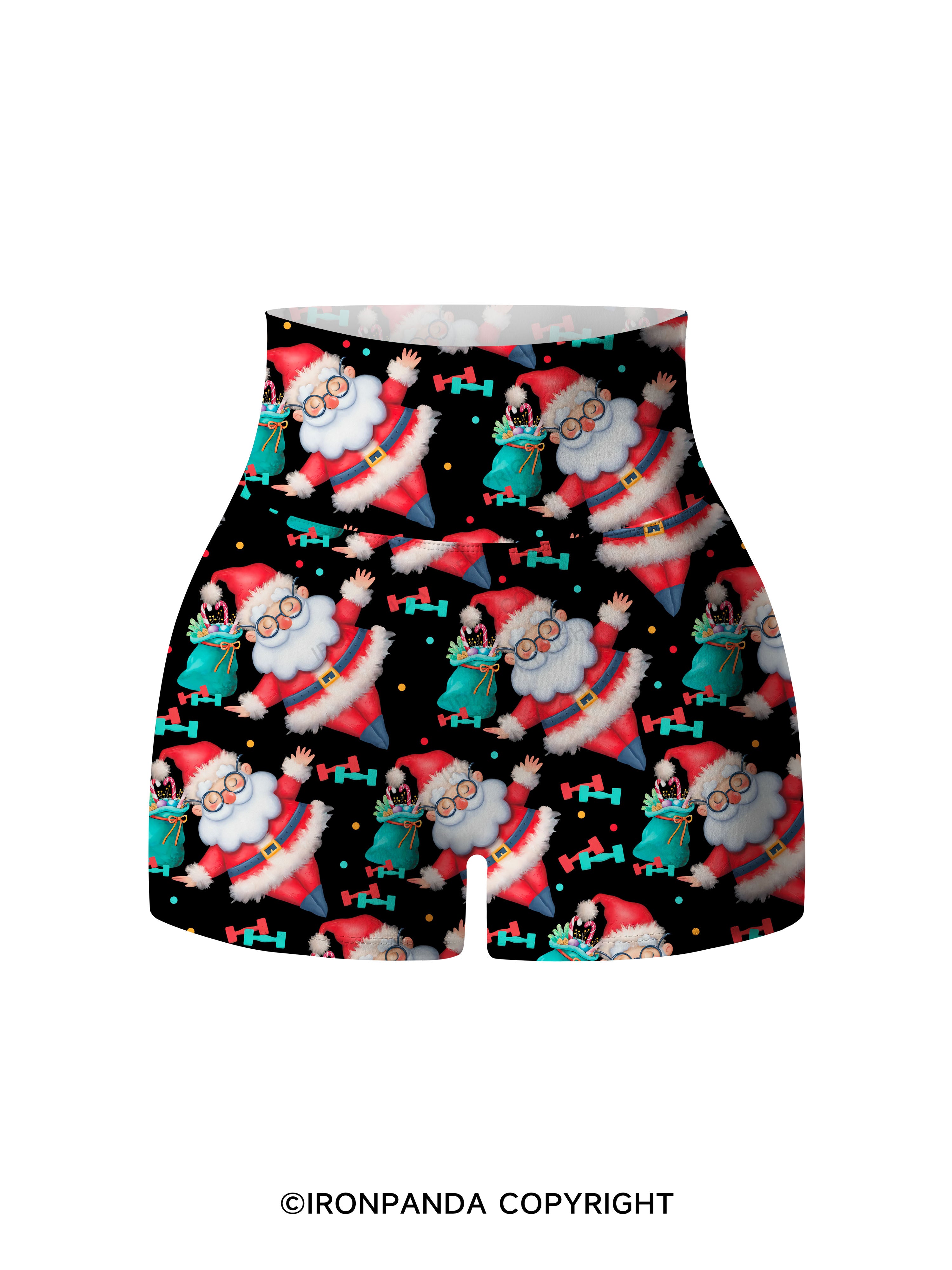 Funny Christmas Santa Knows When You Workout Printed Yoga Shorts