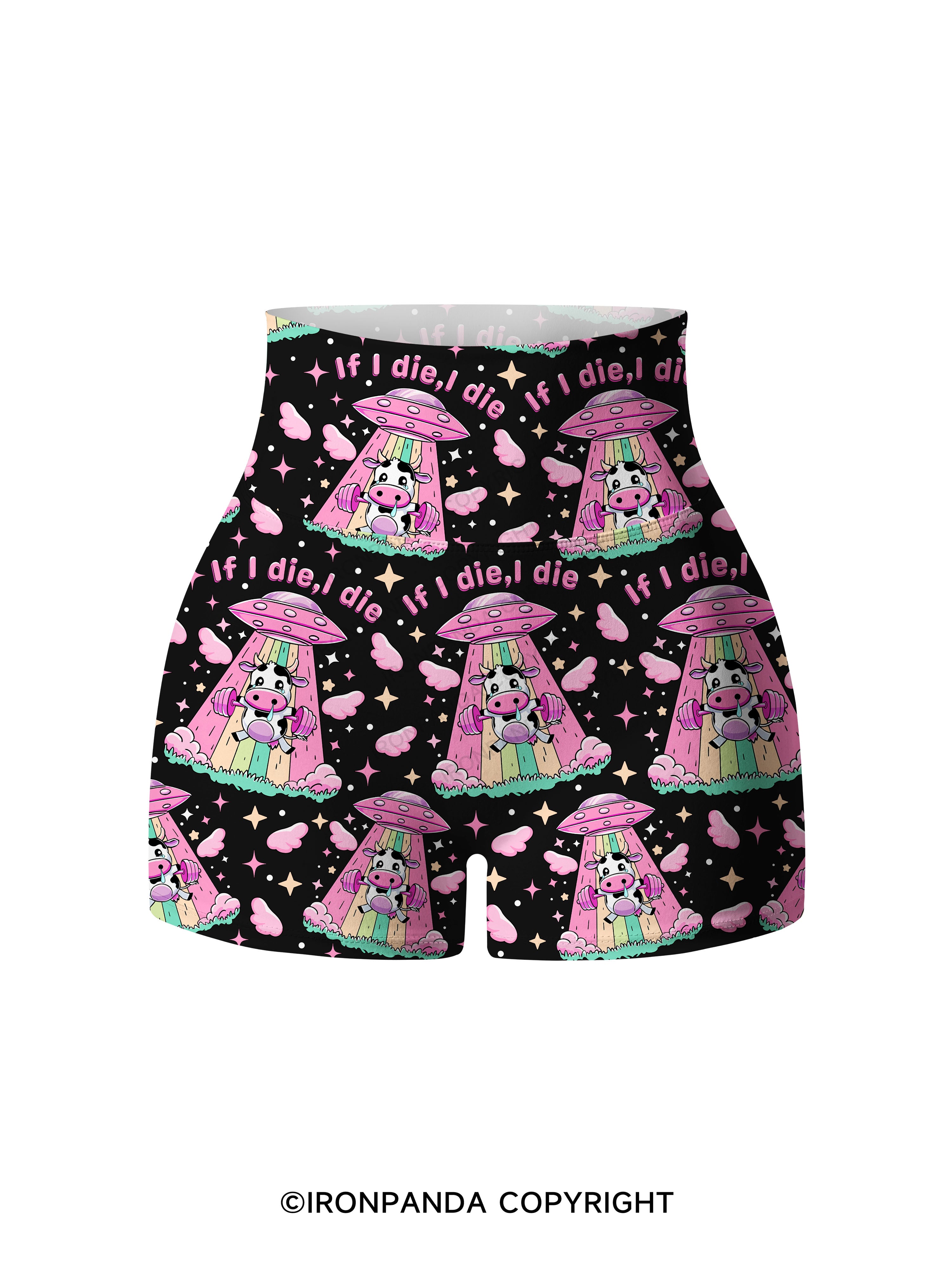 IF I DIE I DIE COW Print Printed Yoga Shorts